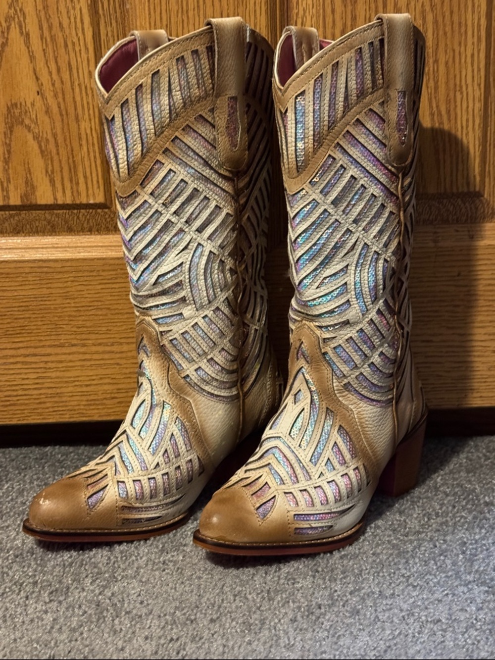 Tan Women's Heeled Western Boots with Iridescent Inlay “Dolly Boots”